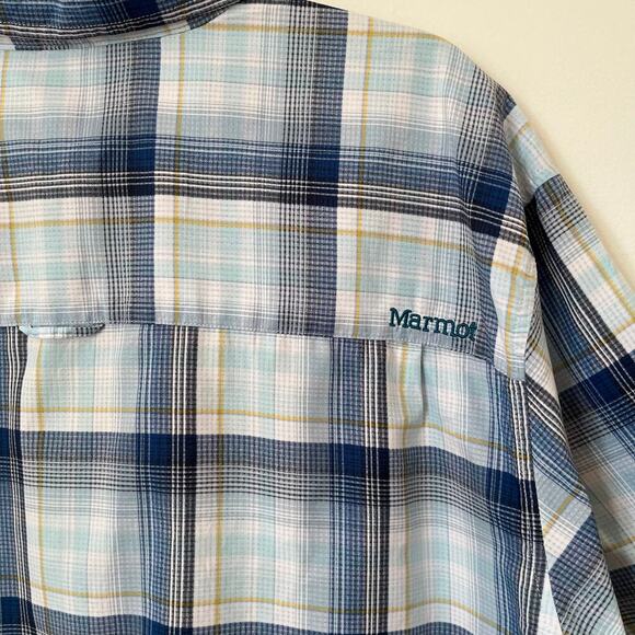 Marmot Mens XXL Blue Plaid Short Sleeve Button Up Shirt Lightweight Spring Navy - Picture 5 of 9